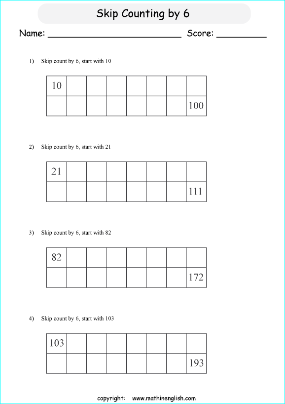 Skip count by 6 math addition and numeracy worksheet for grade 1 and 2