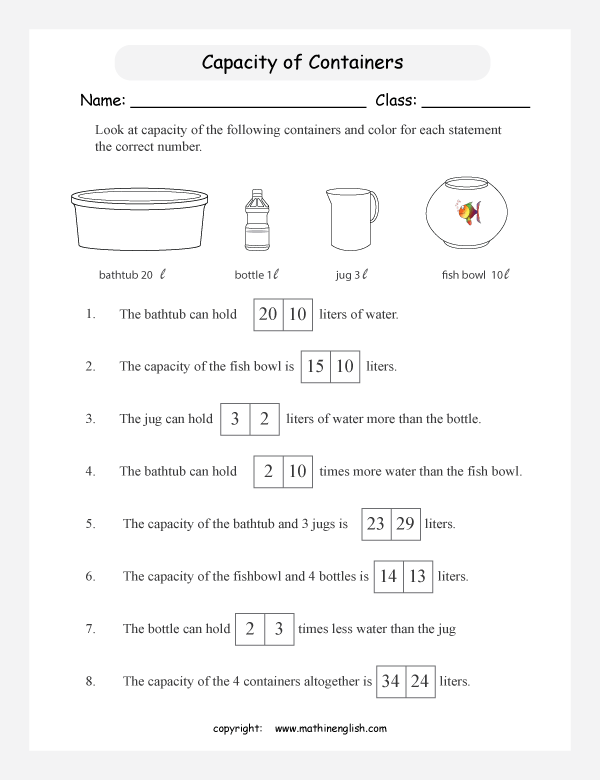 measuring volume and capacity worksheets for primary math  