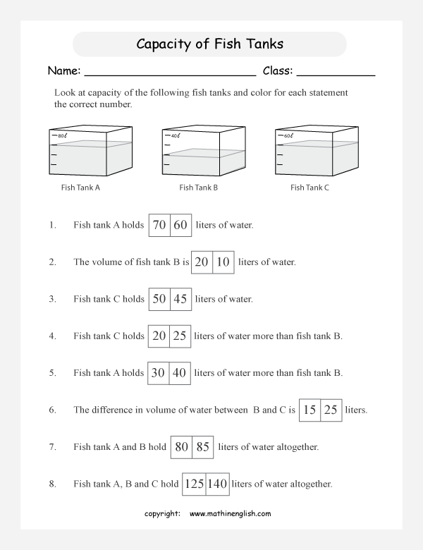 measuring volume and capacity worksheets for primary math  