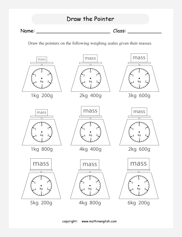 Draw the pointer on a set of scales given the masses of some items