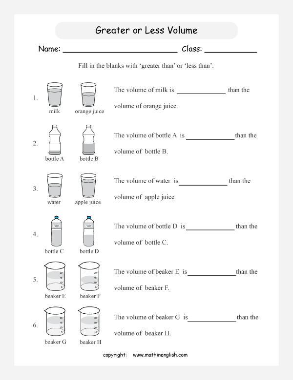 comparing volume and capacity worksheets for primary math  