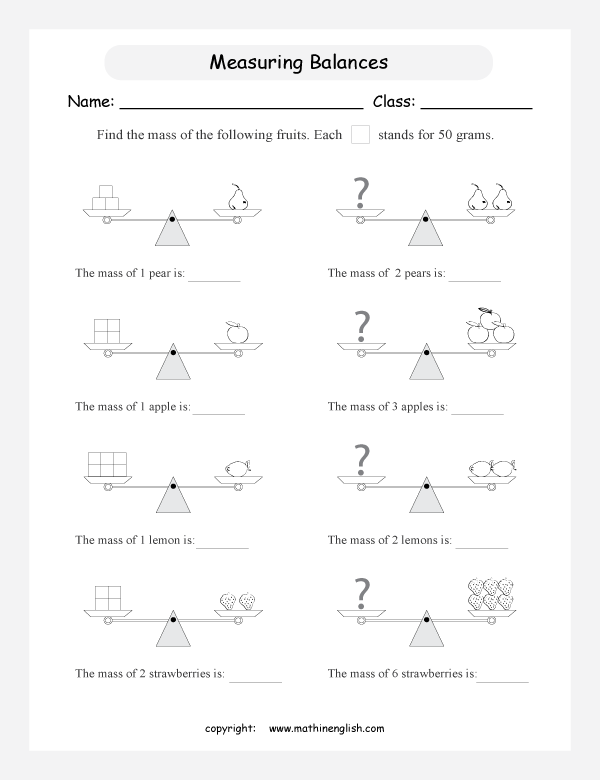 measuring mass worksheets for primary math  