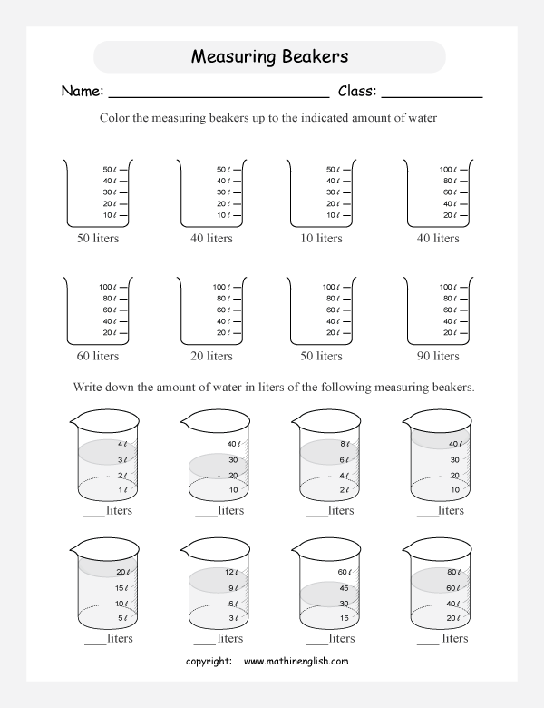 Indicate the amount of water in these beakers by reading and analyzing