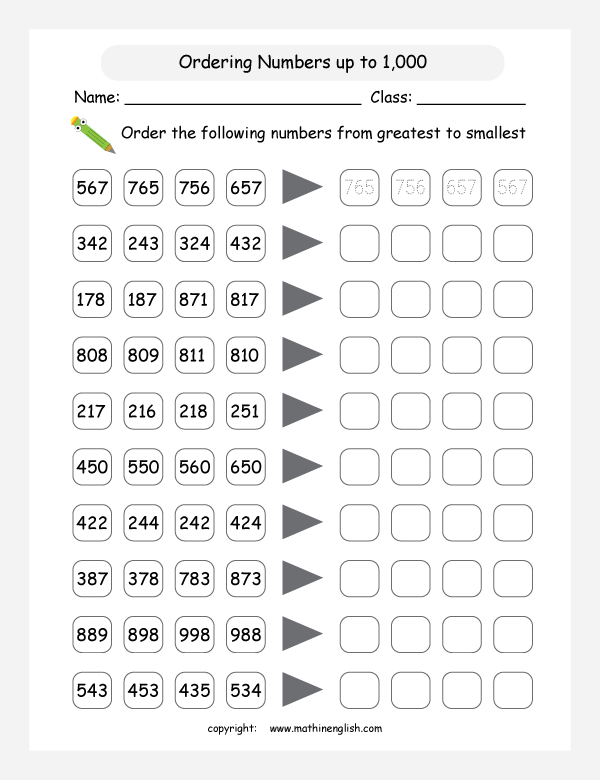 Order numbers up to 1,000 from greatest to smallest and fill in the boxes.