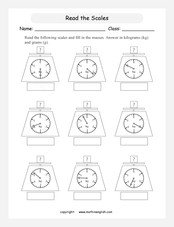 Read a set of scales and determine the mass of objects in kilograms and