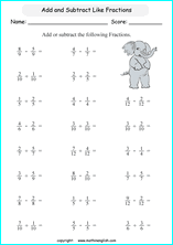 printable math like fraction subtraction worksheets for kids in primary and elementary math class 