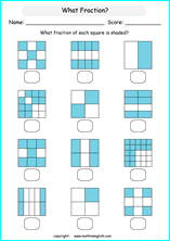 Fraction worksheets for primary math grades 2 to 6 that can be used in