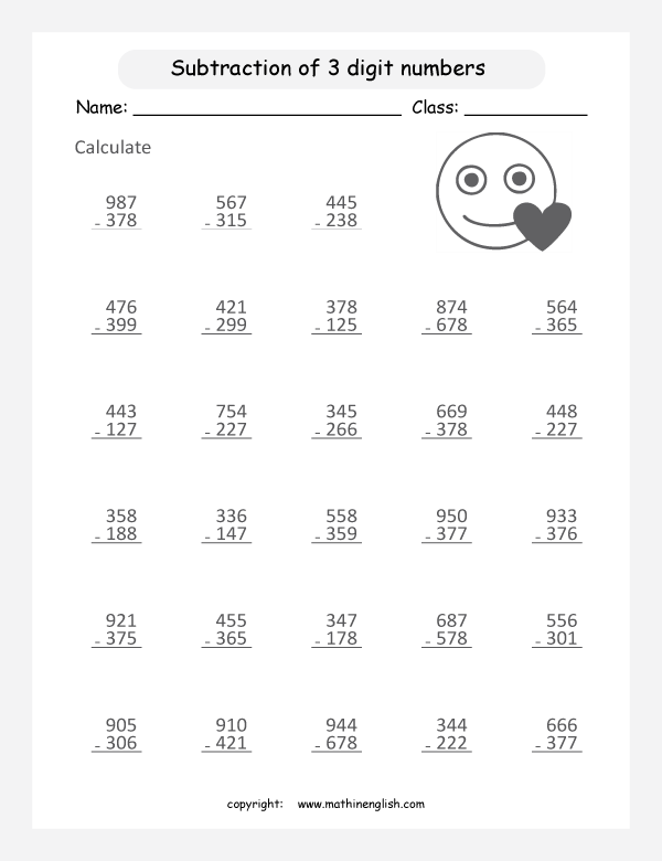Subtraction Of 3 Digit Numbers Within 1000 Math Worksheet Improve Your 