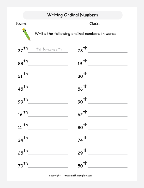 Reading And Writing Ordinal Numbers Worksheets