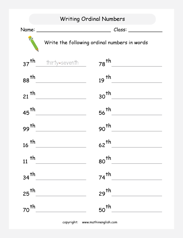 Ordinal Numbers 1 100 Worksheet