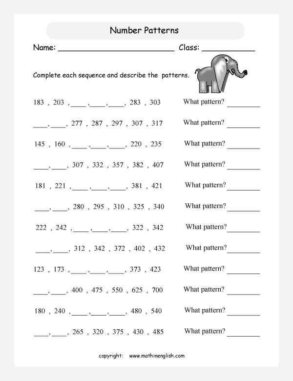 printable math number pattern worksheets for kids in primary and elementary math class 