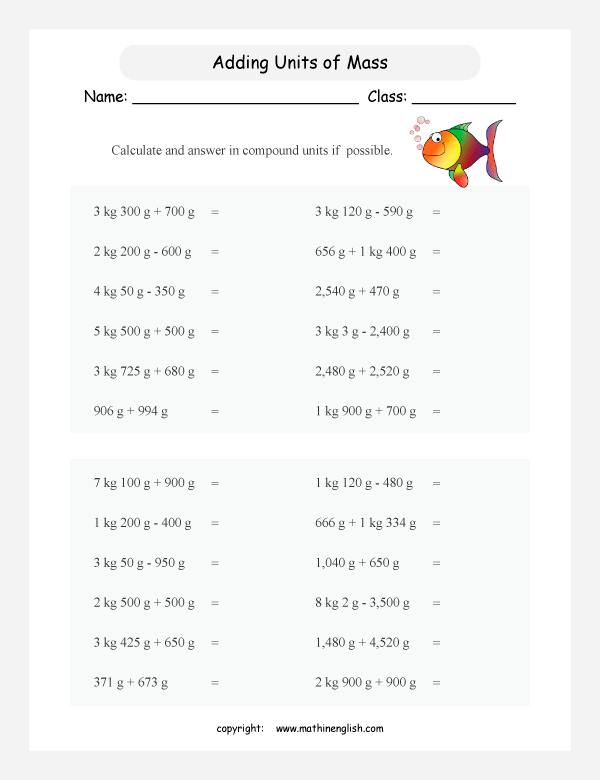 operation with units of mass worksheets for primary math  