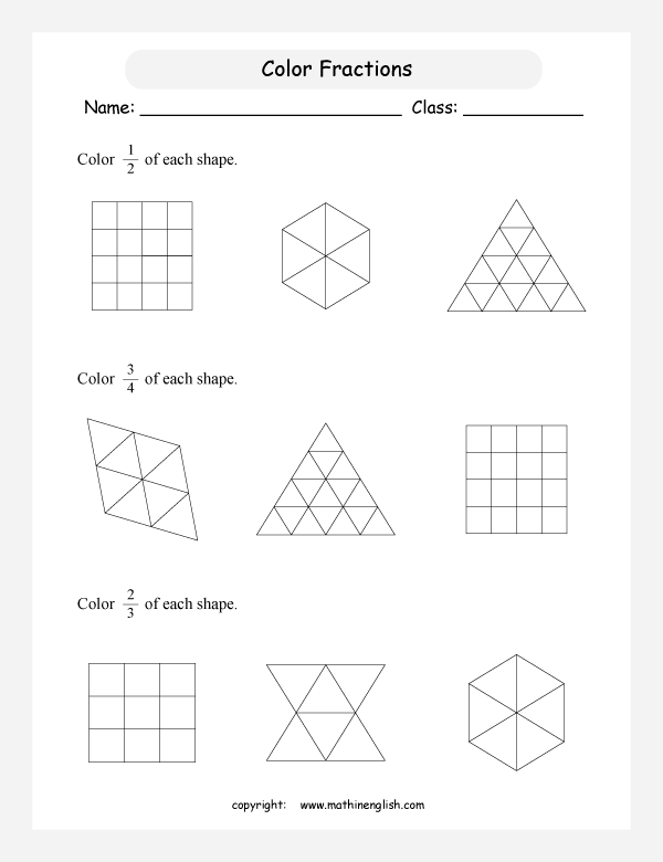 printable equivalent and like fractions worksheets for kids in primary and elementary math class 
