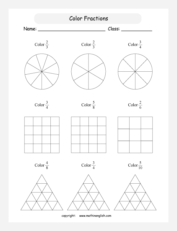 printable equivalent and like fractions worksheets for kids in primary and elementary math class 