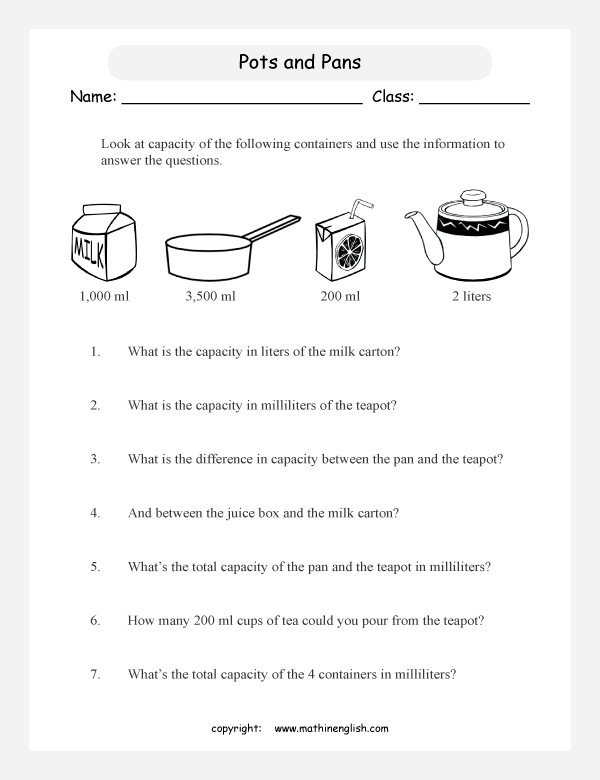 comparing volume and capacity worksheets for primary math  
