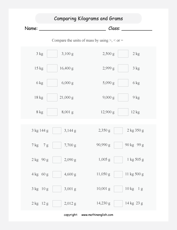 conversion of metric  units of mass worksheets for primary math  