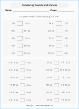 Convert pounds in ounces worksheet suited for grade 3 or 4 math