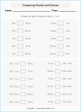 Convert pounds in ounces worksheet suited for grade 3 or 4 math