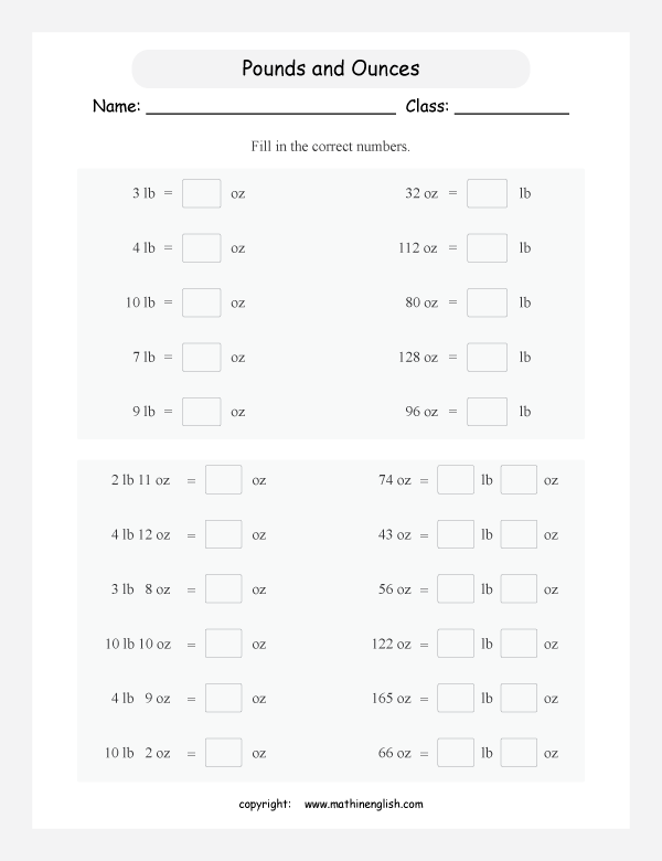 Convert pounds in ounces worksheet suited for grade 3 or 4 math