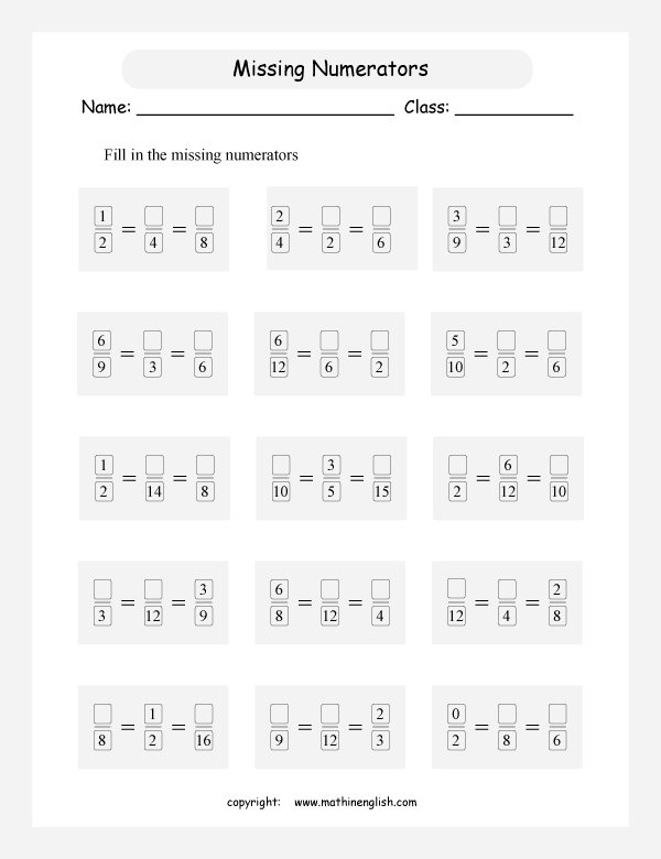 printable equivalent and like fractions worksheets for kids in primary and elementary math class 