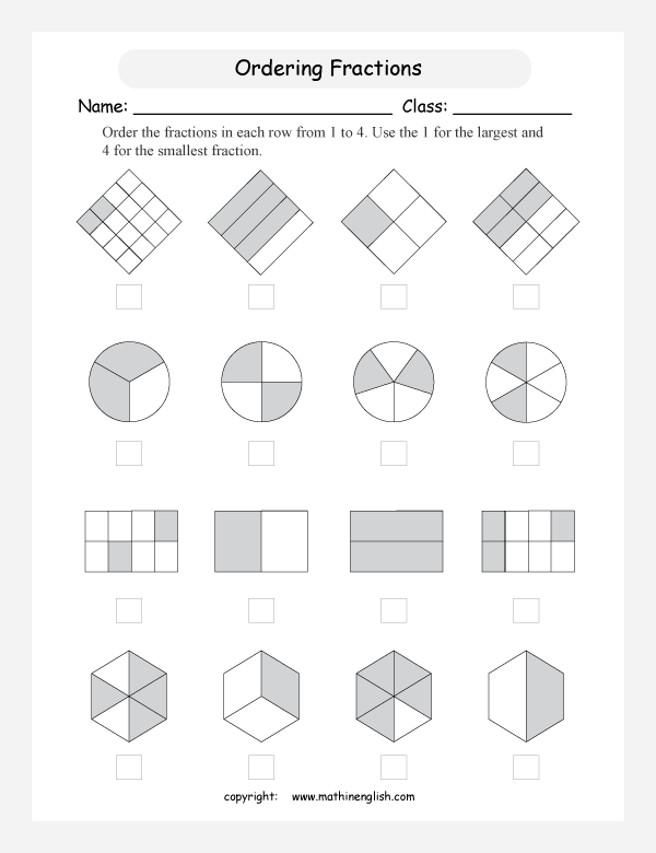 printable comparing and ordering fractions worksheets for kids in primary and elementary math class 