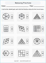 Reducing fraction the lowest terms worksheet for grade 3 and 4 math