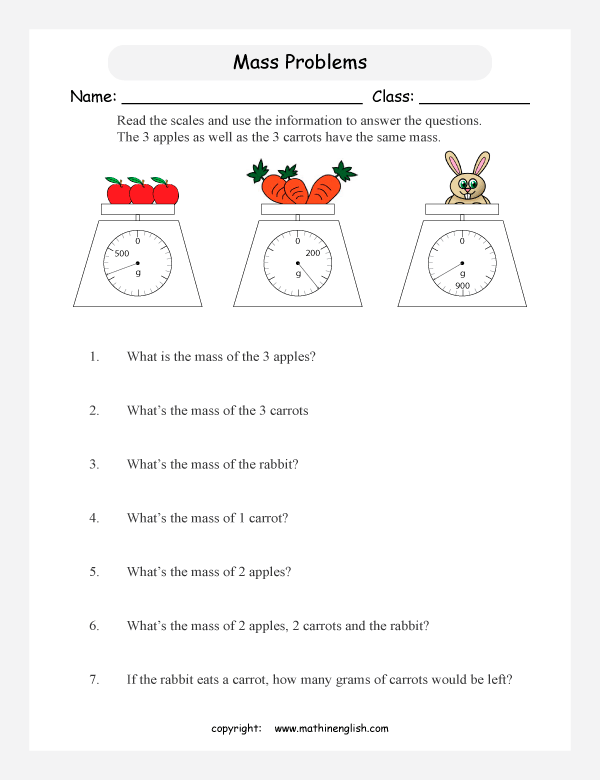 measuring mass worksheets for primary math  