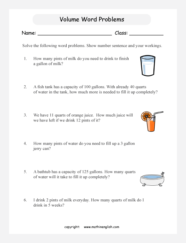 volume and capacity word problems worksheets for primary math