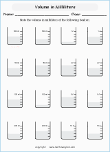 Volume and capacity mathematics worksheets for primary students in ESL