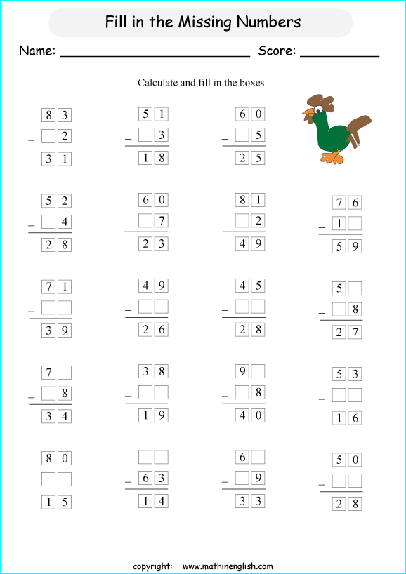 printable math missing numbers subtraction worksheets for kids in primary and elementary math class 