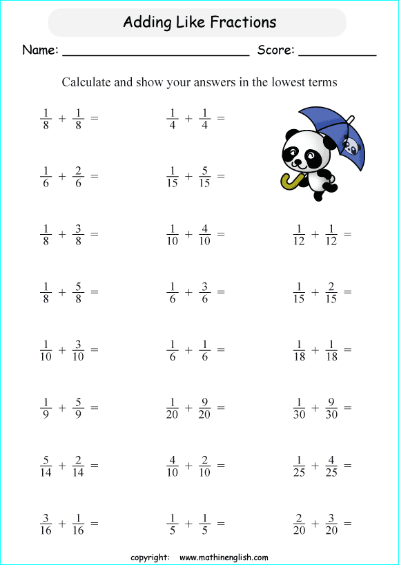 Add 2 Like Fractions And Answer In The Lowest Possible Terms Grade 3