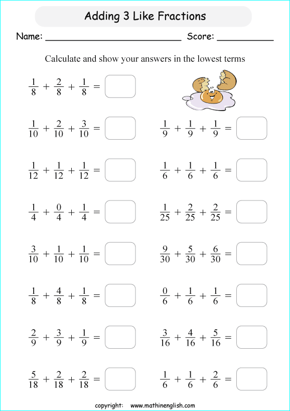 printable adding like fractions worksheets for kids in primary and elementary math class 