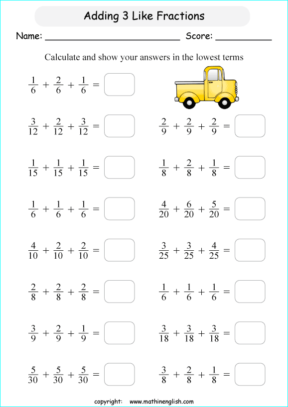 printable adding like fractions worksheets for kids in primary and elementary math class 