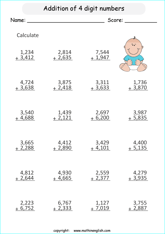 Adding Numbers Up To 10 000 Math Addition Worksheet For Grades 3 And 4 Excellent Remedial Math 