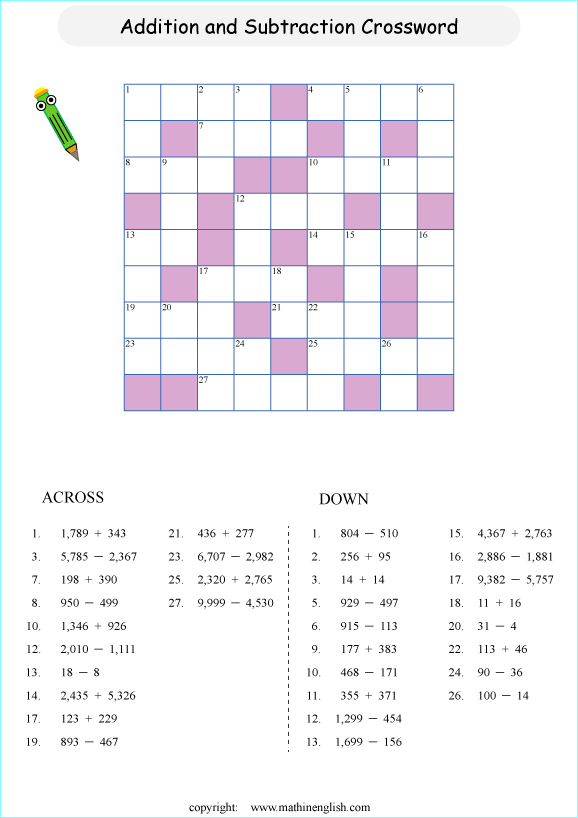 printable math subtraction crossword worksheets for kids in primary and elementary math class 