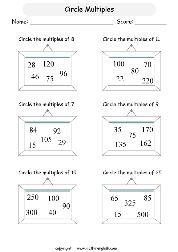 listing multilpes and factors worksheets for grade 1 to 6 