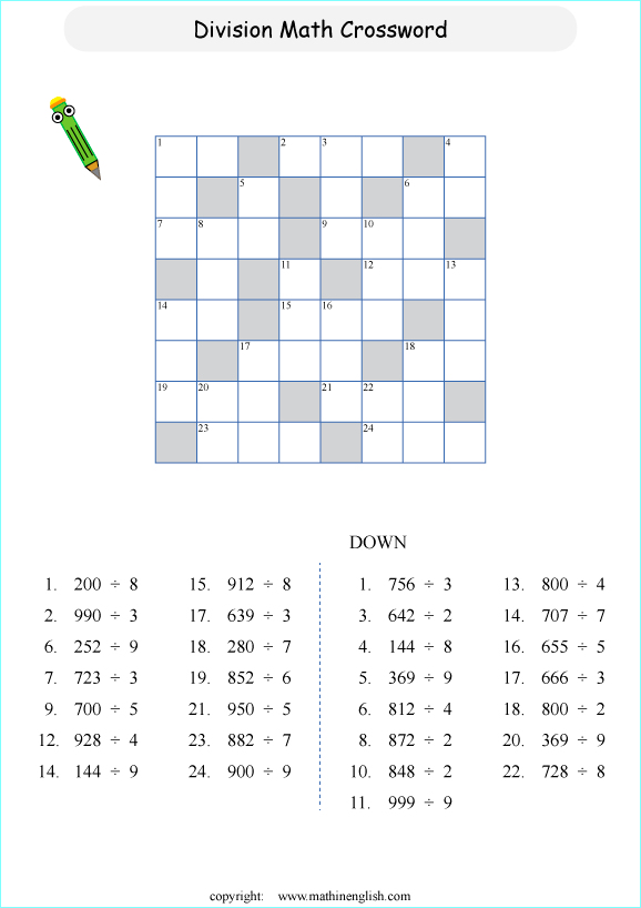 printable division crossword worksheets for kids in primary and elementary math class 