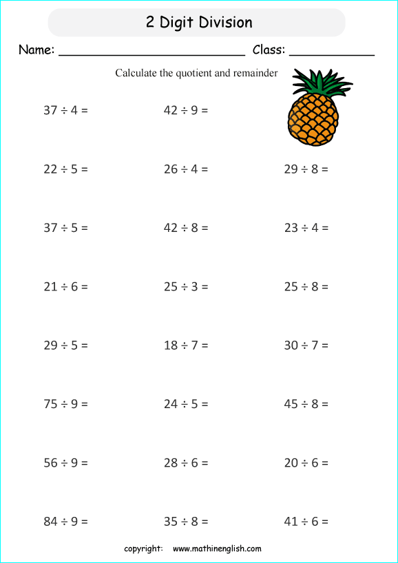 printable math division of 2 digits worksheets for kids in primary and elementary math class 