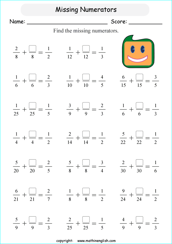 printable adding like fractions worksheets for kids in primary and elementary math class 