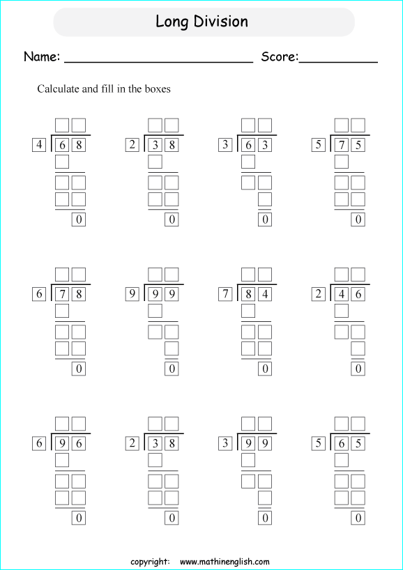 printable math division of 2 digits worksheets for kids in primary and elementary math class 