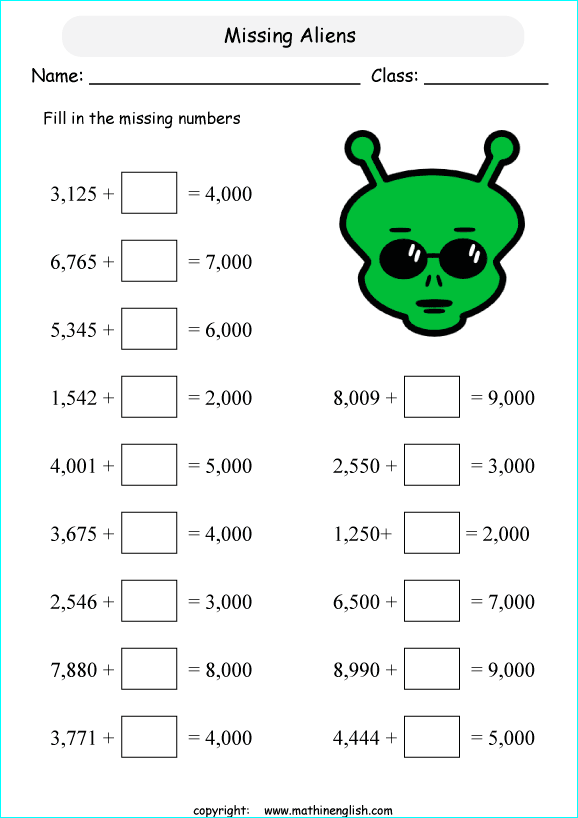 Find the missing addends up to 10,000 grade 3 math addition worksheet.