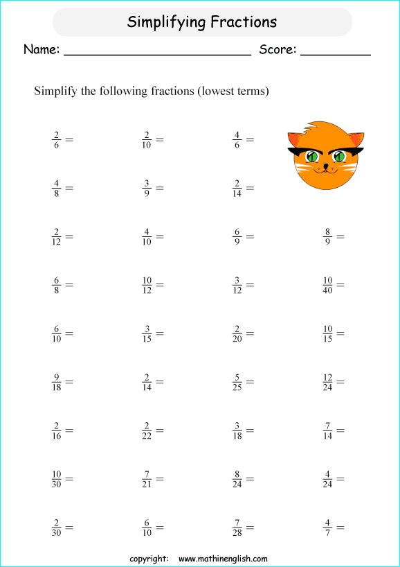 printable reducing and simplifying fractions worksheets for kids in primary and elementary math class 