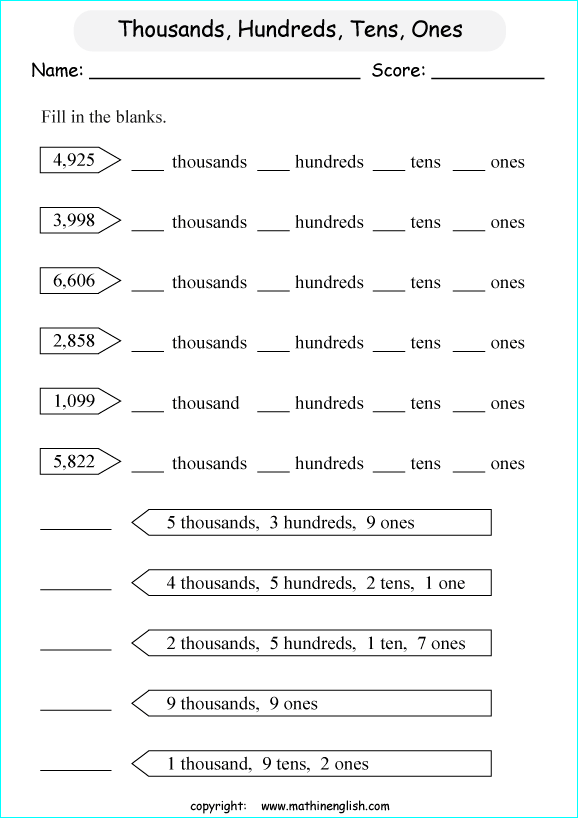 printable math place value of 4 digit number worksheets for kids in primary and elementary math class 