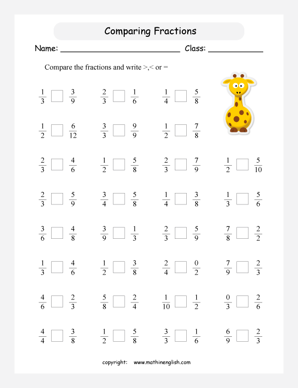 printable comparing and ordering fractions worksheets for kids in primary and elementary math class 