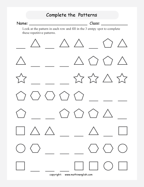 patterns with shapes geometry math worksheets for primary math class 