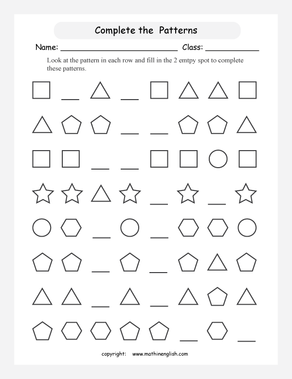 patterns with shapes geometry math worksheets for primary math class 