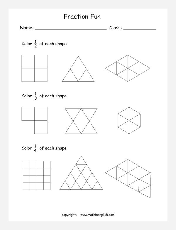 printable equivalent and like fractions worksheets for kids in primary and elementary math class 