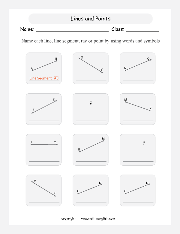 Name the Lines, Rays, Line Segments and Points math geometry worksheet