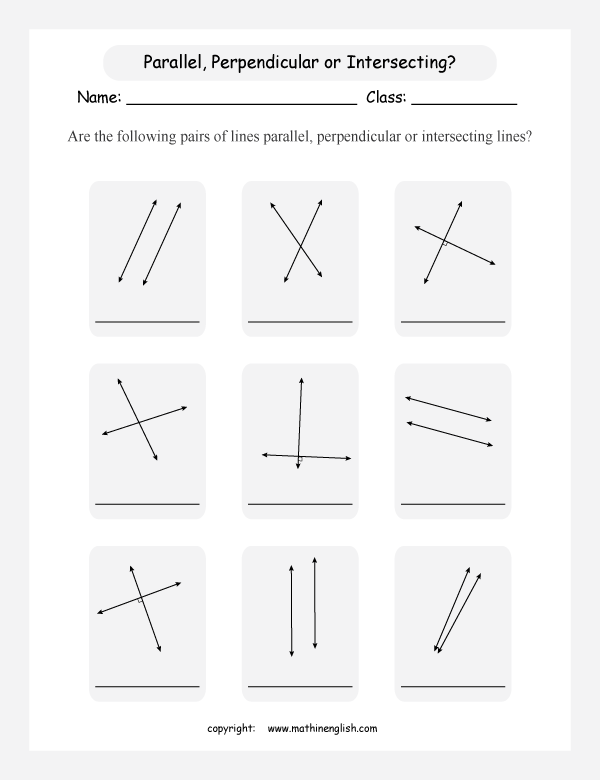Math geometry worksheet based of parallel, intersecting and perpendicular lines.