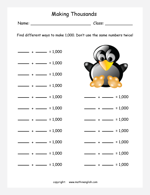 Fill In 2 Addends To Make A Thousand Addition Math Worksheet Extra Remedial Math Worksheet